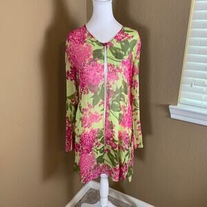 Vintage 100% Silk Floral Tunic Pink Green Long Sleeve Boho Silk M Kimono